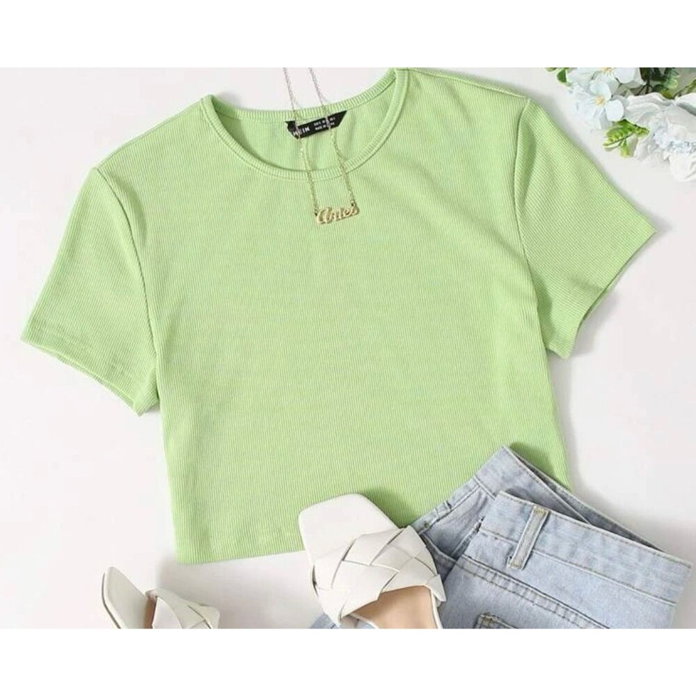 Lime Green Ribbed Short Sleeve Crop Top T-Shirt